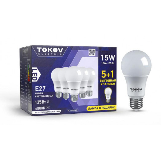 Лампа светодиодная 15Вт А60 4000К Е27 176-264В Promo 5+1 TOKOV ELECTRIC Promo-A60-E27-15-4K