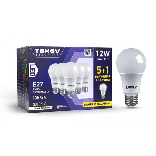 Лампа светодиодная 12Вт А60 3000К Е27 176-264В Promo 5+1 TOKOV ELECTRIC Promo-A60-E27-12-3K