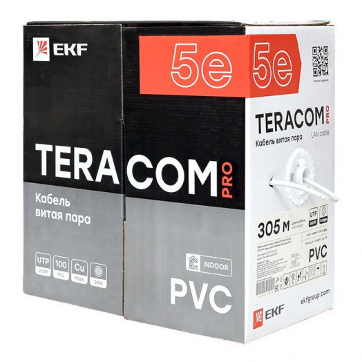 Кабель витая пара U/UTP кат.5e 4 пары solid 24AWG PVC сер. TERACOM PRO PRO EKF TRP-5EUTP-04PVC-GY-IN3