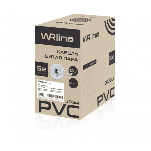Кабель витая пара неэкранированная U/UTP Cat.5e 4 пары (0.50 мм) одножильный внутренний PVC нг(А)-LS серый 305 м WRline WR-UTP-4P-C5E-PVC-GY
