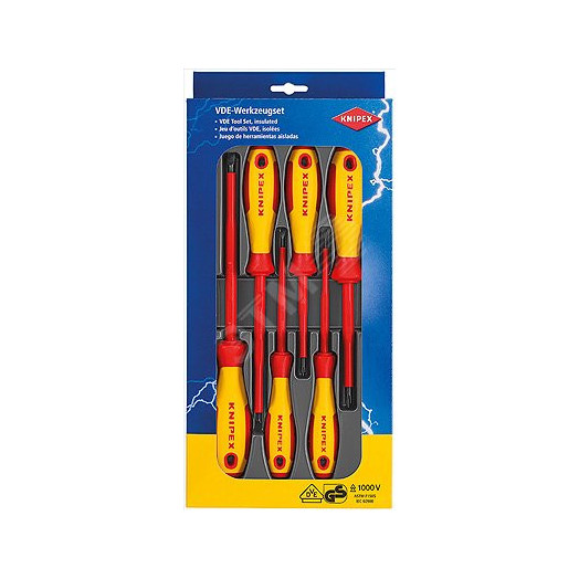 KNIPEX Набор отвёрток VDE 1000V, 6 предметов, комлектация: 9820xx SL3/4/5.5/6.5 шлицевые, PH1/2 крестовые, диэлектрические, KN-002012V01