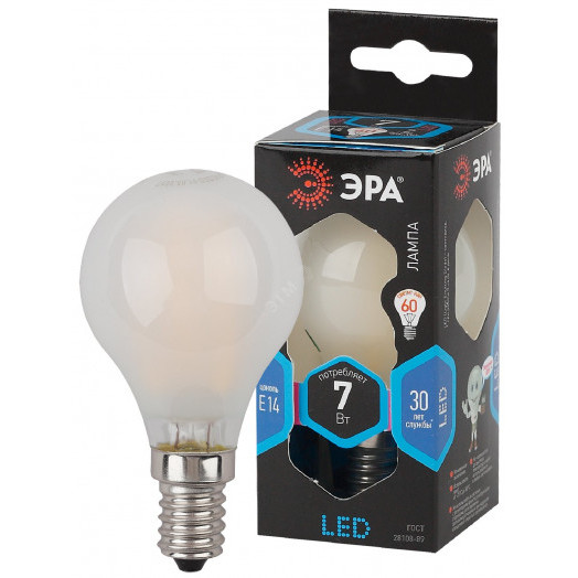 Лампа светодиодная филаментная F-LED P45-7W-840-E14 frost (филамент, шар мат., 7Вт, нейтр, E14 (10/100/3000) ЭРА