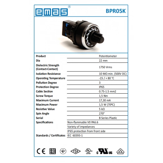 Однооборотный потенциометр Emas 5 кОМ, 86,6В, 17,3мА, 1,5Вт BPR05K