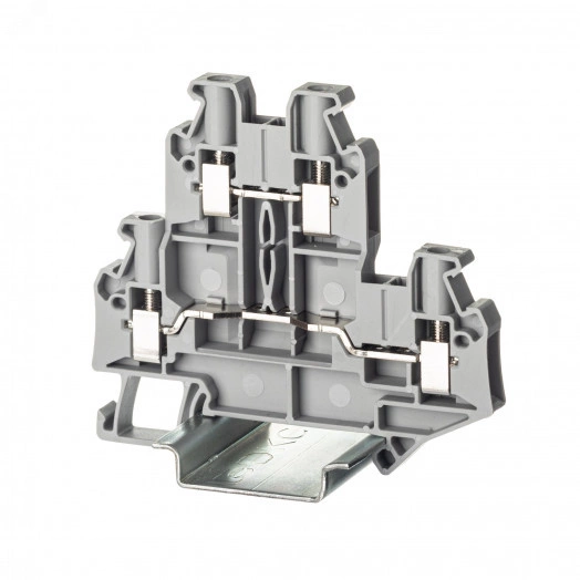 Клемма двухуровневая , винтовой зажим, 4 точки подключения, 4 кв.мм, серая