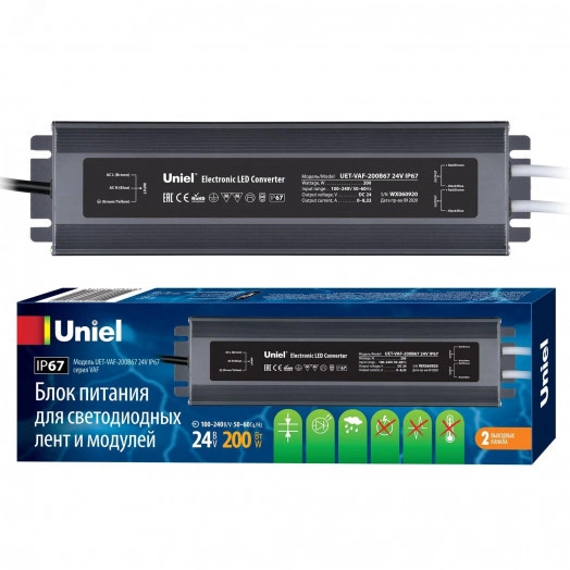 Блок питания ультратонкий 200Вт UET-VAF-200B67 24V IP67 2 выхода Металлический корпус TM