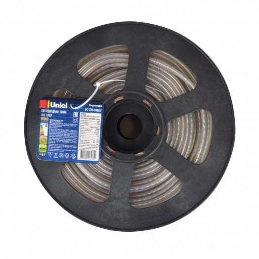 Светодиодная гибкая герметичная лента ULS-2835-120LED/m-10mm-IP67-220V-10W/m-50M-3000K Бобина 50 м Теплый белый свет (3000K)