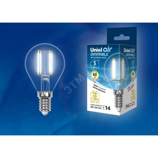 Лампа светодиодная LED 5вт 200-250В шар диммируемый 450Лм Е14 4000К Air филамент