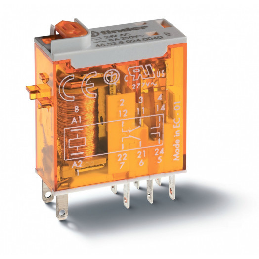 Реле электромеханическое промышленное миниатюрное, монтаж в розетку или наконечники Faston (2.5х0.5мм), 2СO 8A, контакты AgNi, катушка 48В DC, влагозащита RTII, опции: мех.индикатор