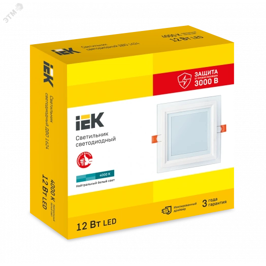 LIGHTING Светильник светодиодный ДВО 1624 со стеклом квадрат 12Вт 4000К IP20 IEK