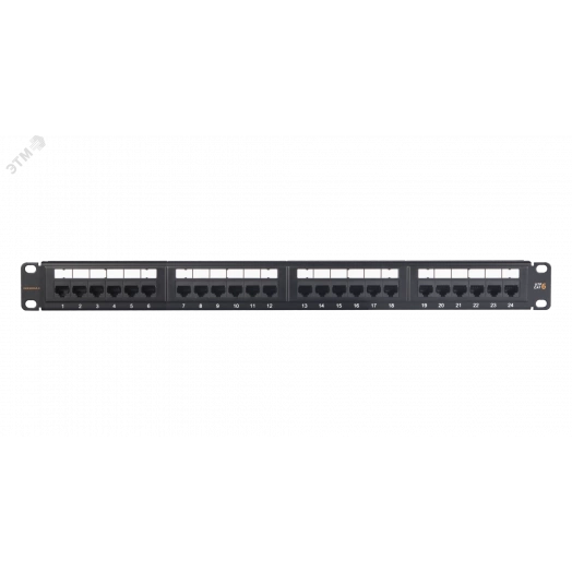 Коммутационная панель 19, 1U, 24 порта, Кат.6 (Класс E), 250МГц, RJ45/8P8C, 110/KRONE, T568A/B, неэкранированная, с органайзером, черная