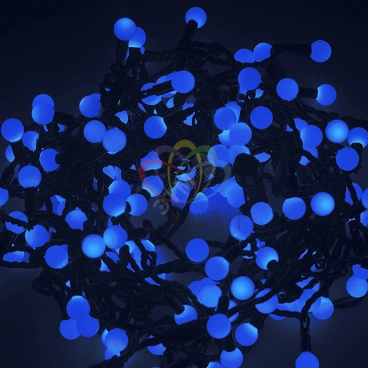 Гирлянда Мультишарики 17,5 мм, 20 м, черный ПВХ, 200 диодов, синий