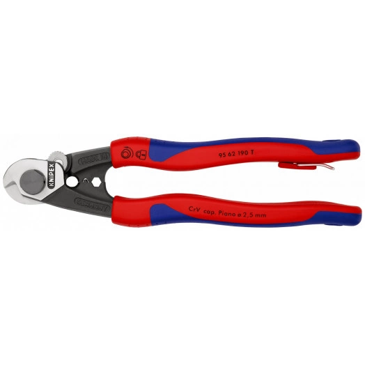 Тросорез компактный рез: кабель 7 мм проволочный трос 5 мм проволока средней твёрдости 4 мм рояльная струна (42 HRC) 25 мм L-190 мм зоны для обжимки концевых гильз на боуденовские и тяговые тросы чёрный 2-компонентные рукоятки крепление для стра