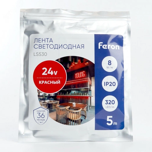 Лента светодиодная LEDх320/м COB 5м 8w/m 24в красный