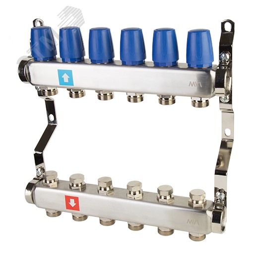 Коллекторная группа с ручными регулировочными клапанами 1' х 6 выходов 3/4' НР евроконус