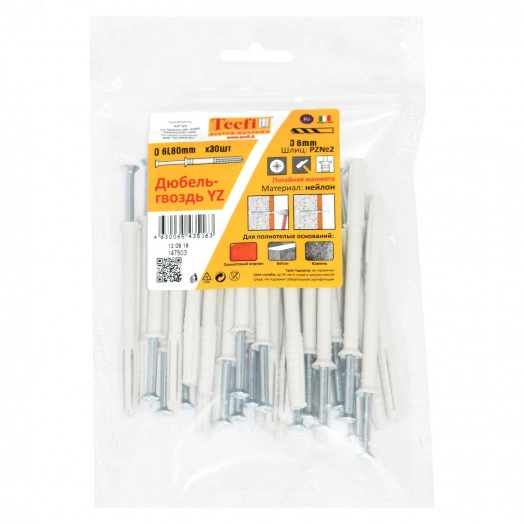 Дюбель-гвоздь YZ потайн. манжета нейлон 6x80 (30 шт) - пакет Tecfi