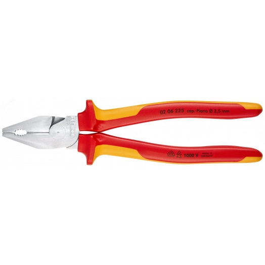 Плоскогубцы комбинированные VDE 1000V рез твердая проволока 3мм рояльная струна (HRC 59) 25мм кабель 14мм (25мм) L=225мм диэлектрические хромированные двухкомпонентные рукоятки