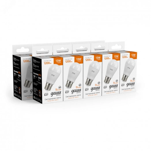 Лампа светодиодная LED 13 Вт 1200 лм 3000К AC180-240В E27 шар P45 теплая  Basic Gauss