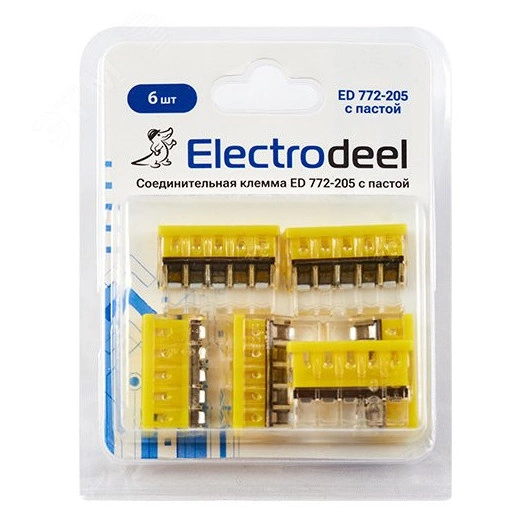 Клемма соединительная  5-контактная ED 772-205-b6  (6шт) с контактной пастой Elеctrodeel. Диапазон   сечений 0,5-2,5 мм2. Номинальный ток/напряжение:  24А/450В. Упаковка: блистер.