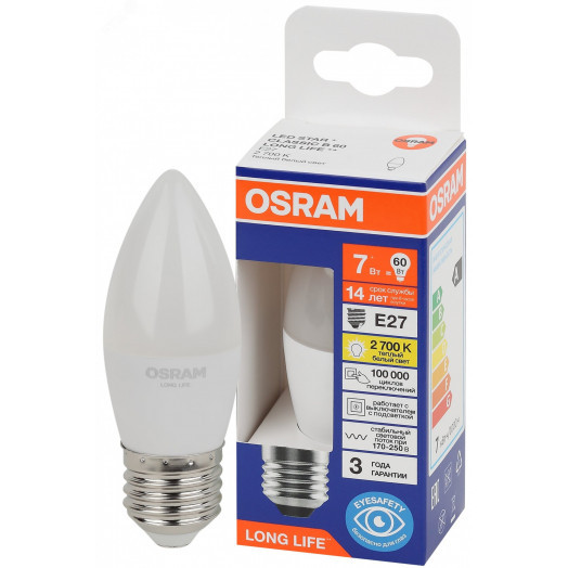 Лампа светодиодная LED 7Вт Е27 2700К 600Лм свеча 220В (замена 60Вт) OSRAM