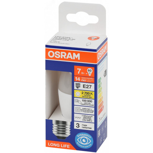 Лампа светодиодная LED 7Вт Е27 2700К 600Лм свеча 220В (замена 60Вт) OSRAM