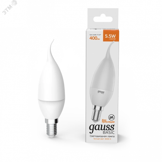 Лампа светодиодная LED 5.5 Вт 400 лм 3000К AC180-240В E14 свеча теплая  Basic Gauss