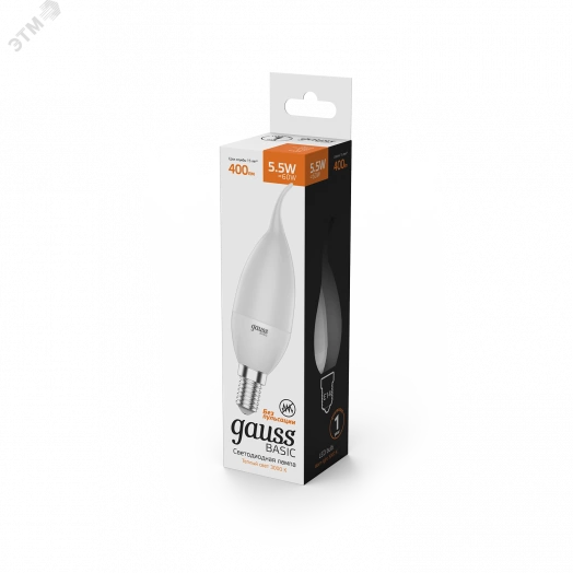 Лампа светодиодная LED 5.5 Вт 400 лм 3000К AC180-240В E14 свеча теплая  Basic Gauss