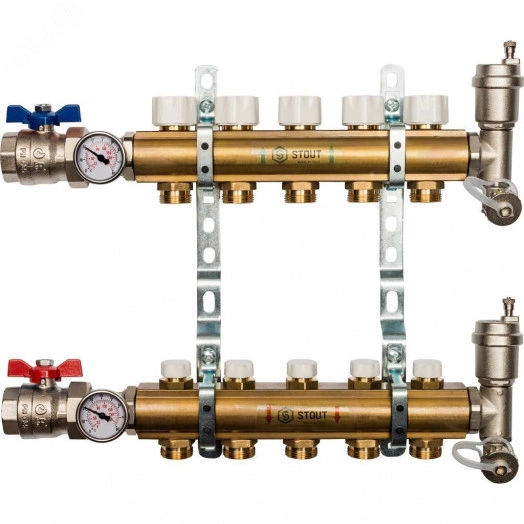 Коллектор распределительный из латуни без расходомеров 5 вых.