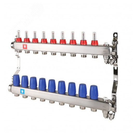 Коллекторная группа с расходомерами 1' х 9 выходов 3/4' НР евроконус с дренажным краном и воздухоотводчиком