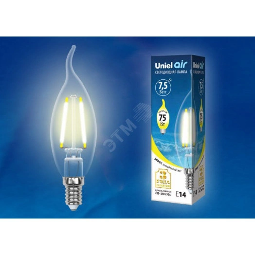 LED-CW35-7,5W/WW/E14/CL GLA01TR Лампа светодиодная. Форма ''свеча на ветру'', прозрачная. Серия Air. Теплый белый свет (3000K). Картон. ТМ