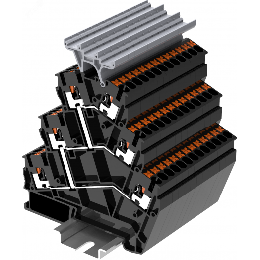 Клемма TP 3-уровневая угловая с держателем маркировки, Push-in, сечение 2,5 мм. кв., черная
