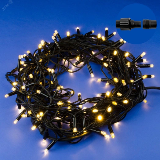 Гирлянда светодиодная с эффектом мерцания 10м Соединяемая 120 светодиодов Теплый белый свет Провод черный ULD-S1000-120/TBK WARM WHITE IP67  TM Uniel
