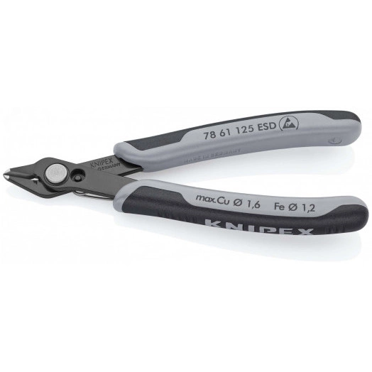 Бокорезы ESD прецизионные для тонких работ ElecTronic Super KNips антистатические мягкая проволока 02-16мм средней твердости 12мм L=125мм высокочастотная закалка режущих кромок до 64HRC черные 2-компонентные рукоятки