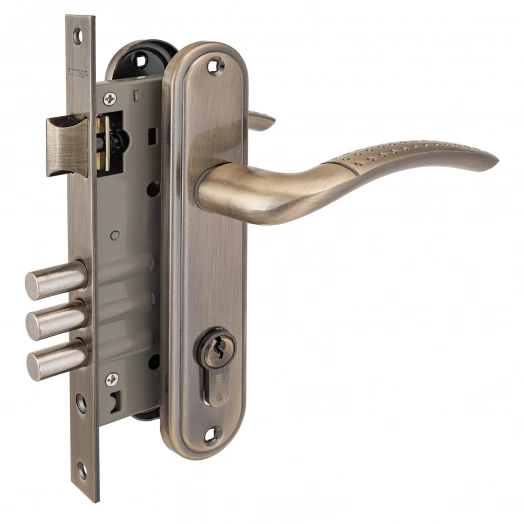 Замок врезной цилиндровый с ручками для деревянных дверей АЛЛЮР 132/3 AB старая бронза