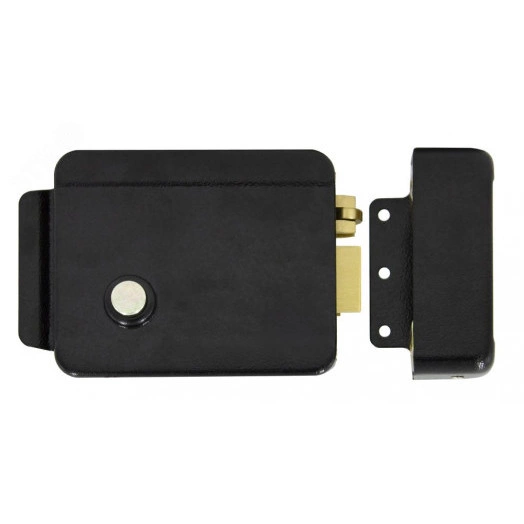 Замок электромеханический, накладной, универсальный (дверь наружу, внутрь), ролик взвода пружины,сталь,цвет черный 12В