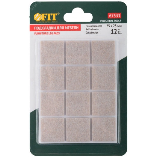 Подкладки для мебели самоклеющиеся квадратные 25 х 25 мм, 12 шт., войлок