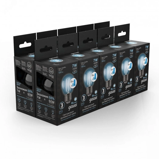 Лампа светодиодная филаментная LED 7 Вт 580 лм 4100К AC185-265В E27 шар P45 нейтральный шаговое диммирование выключателем Black Filament Gauss