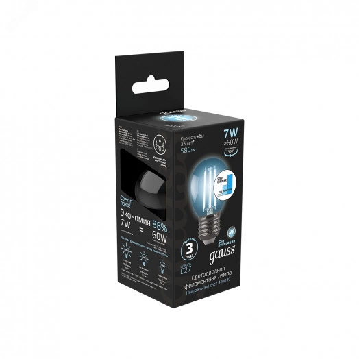 Лампа светодиодная филаментная LED 7 Вт 580 лм 4100К AC185-265В E27 шар P45 нейтральный шаговое диммирование выключателем Black Filament Gauss