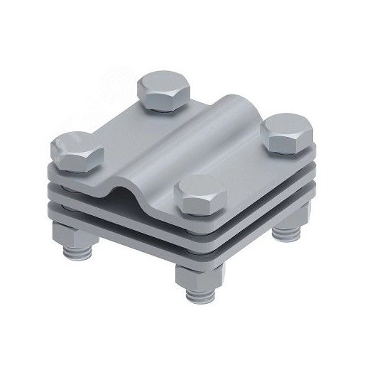 Соединитель крестовой 55х55 для параллельного, крестового и Т-образного соединения прутка диаметром 6-10 мм/полосы до 30 мм. С разделительной пластиной. Монтаж с помощью 4 винтов с шестигранной головкой M8 x 25 и 4 шестигранных гаек M8. Материал