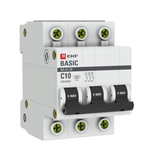 Выключатель автоматический модульный 3п C 10А 4.5кА ВА 47-29 Basic EKF mcb4729-3-10C