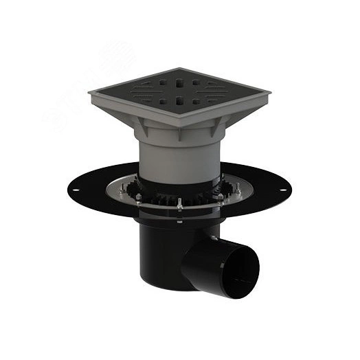 трап горизонтальный дворовый регулируемый тп-615h с выходным диаметром 110 мм, с прижимным фланцем, чугунной решеткой, мусоросборником и запахозапирающим устройством