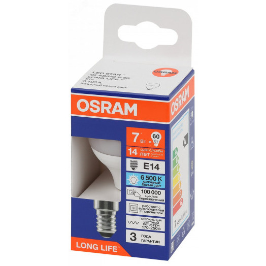 Лампа светодиодная LED 7Вт Е14 6500К 600Лм шар 220В (замена 60Вт) OSRAM