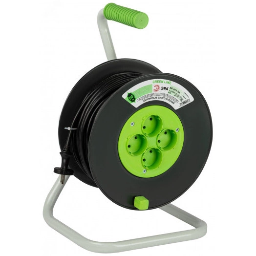 Удлинитель силовой на катушке пластик 4 розетки без заземления 50м ПВС 2x1.5мм2 GREEN LINE KAT-2x1.5-50m Greenline ЭРА