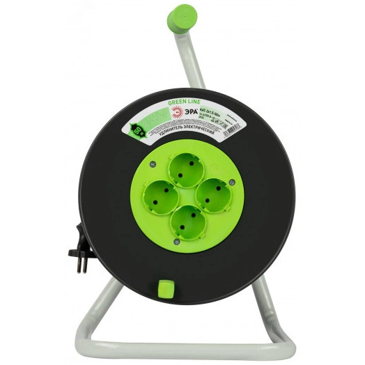 Удлинитель силовой на катушке пластик 4 розетки без заземления 50м ПВС 2x1.5мм2 GREEN LINE KAT-2x1.5-50m Greenline ЭРА