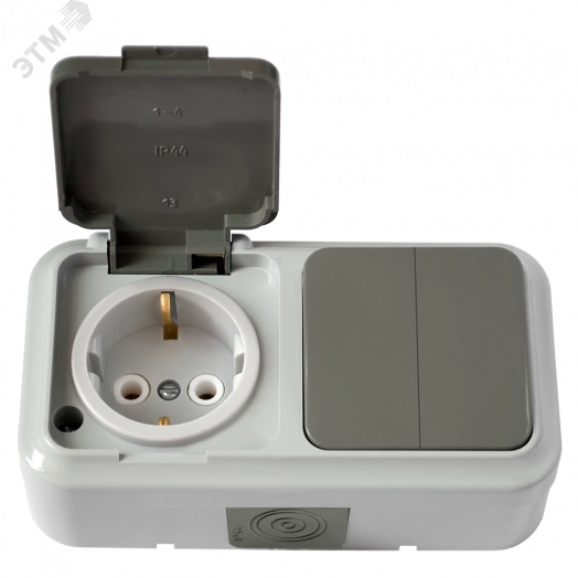 Беларусь Блок выключатель двухклавишный+розетка с заземлением наружный IP54 2В-РЦ-659 (03)