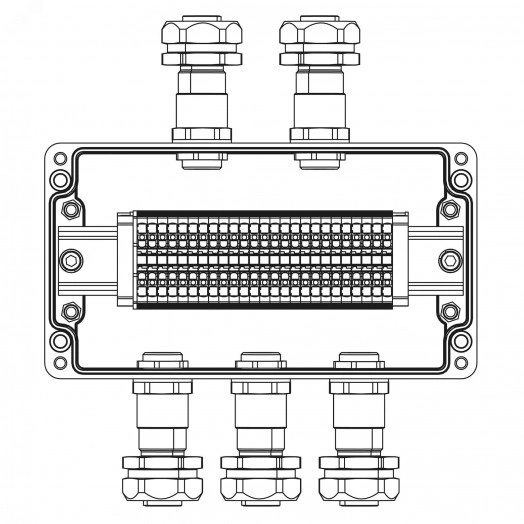 Взрывозащищенная клеммная коробка из полиэстера TBE-P-04-(25xHMM.2)-2xKAEPM2MHK-20(A)-3xKAEPM2MHK-20(C)1Ex e IIC Т5 Gb / Ex tb IIIC T95°C Db IP66 / ШЗ / КЗ