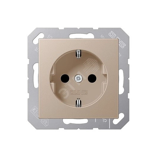 Штепсельная розетка SCHUKO одинарная, с заземлением, с шторками, 16A, 250В  (механизм + накладка, без рамки). Серия A500  Материал- дуропласт  Цвет- шампань