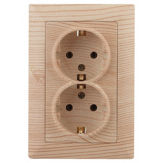 Розетка Intro Solo 4-208-11 с заземлением двойная 2X2P+E Schuko со шторками, 16А-250В, IP20, СУ, сосна