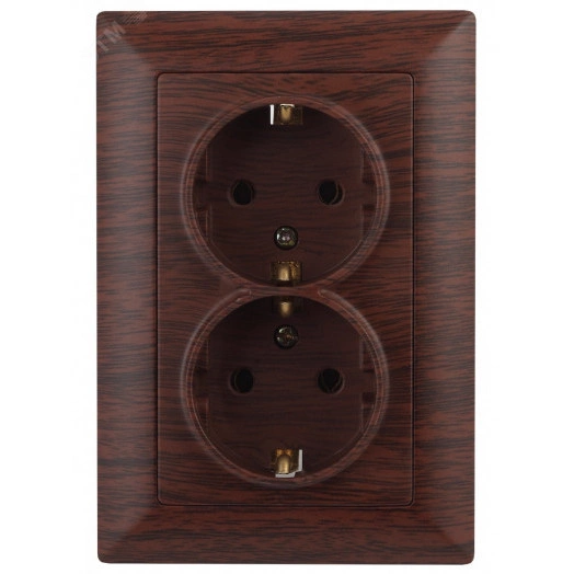 Розетка Intro Solo 4-208-10 с заземлением двойная 2X2P+E Schuko со шторками, 16А-250В, IP20, СУ, венге