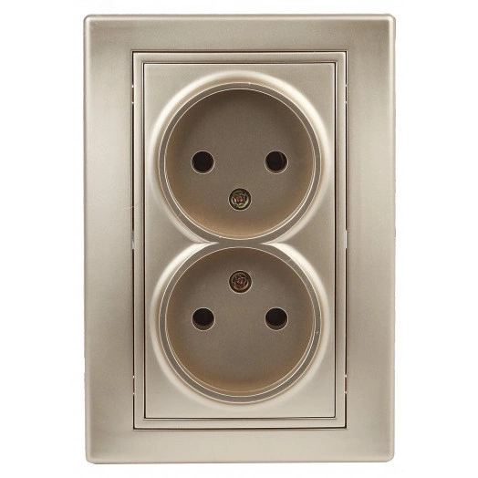 Розетка Intro Plano 1-204-04 без заземления двойная 2х2P, 16А-250В, IP20, СУ, Plano, шампань