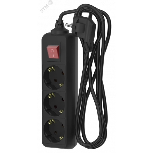 Удлинитель сетевой 16-33ЕS, 3м, 3 розетки, 16А, с выкл., с заземл., черный